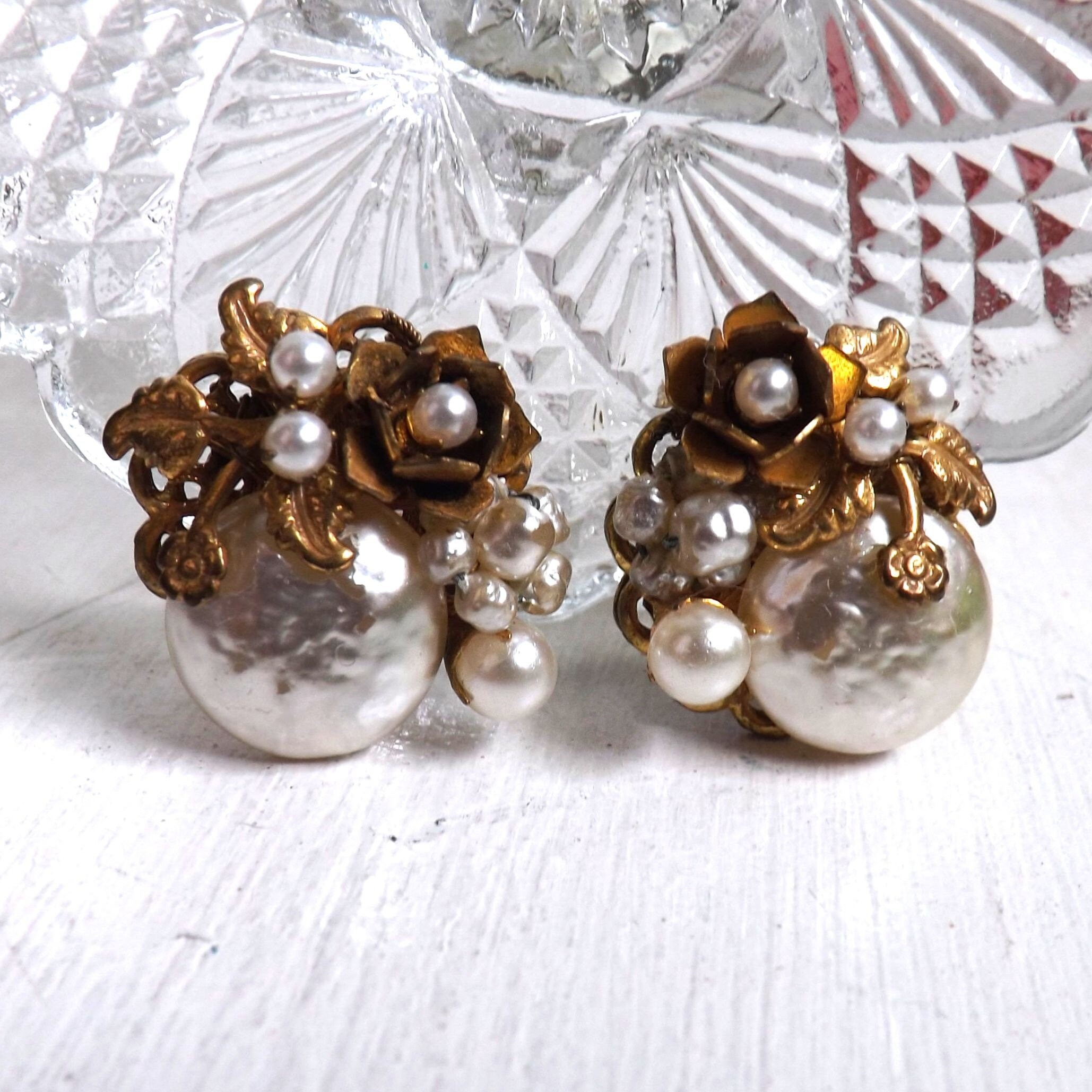 Signed Miriam Haskell Baroque pearl earrings gold metal Etsy