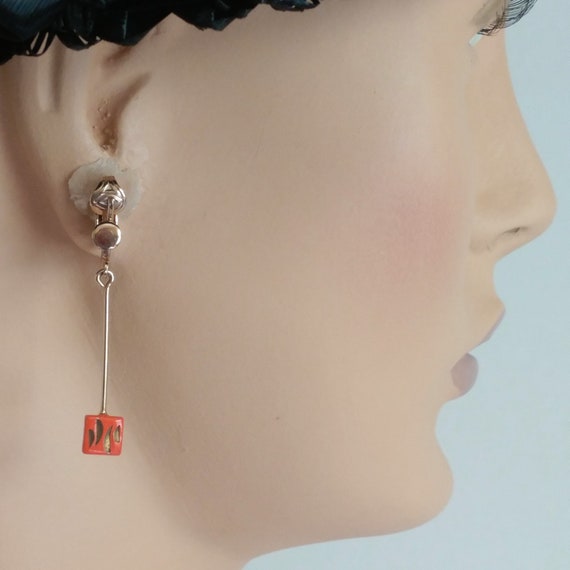 Mod 1960s long dangle drop earrings orange enamel