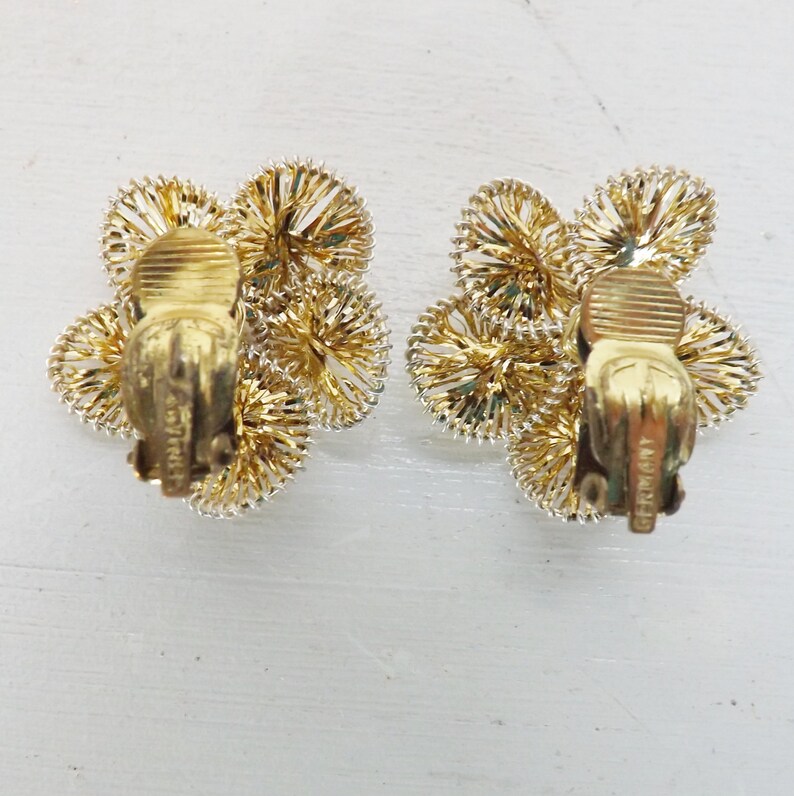 Vintage Gold Tinsel Flower Earrings With Pearl Centers Made in Etsy