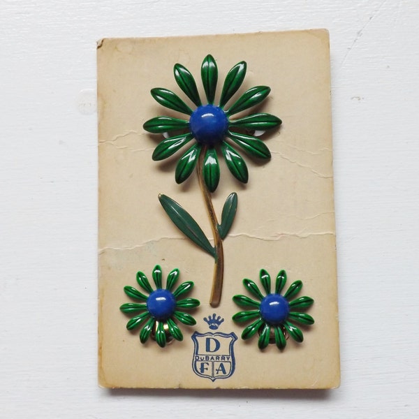 Vintage DuBarry enamel flower pin or brooch and earrings set blue and green on original card nos