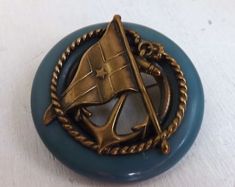 Vintage 1930s 1940s early plastic blue lifesaver brooch or pin with brass anchor, rope and ships signal flag not bakelite
