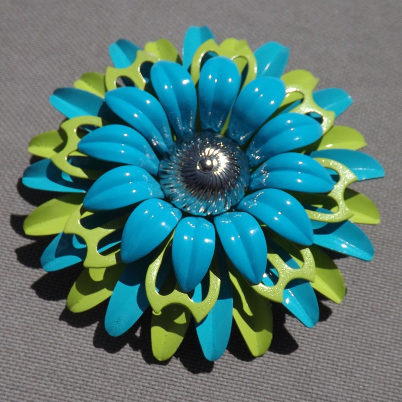 Mod Aqua Blue And Lime Green Enamel Flower Pin Four Layers Etsy