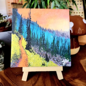 Tiny Acrylic Canvas Original Painting w/ Easel - &quot;Mountainside Meadow at Dawn&quot; by Jessica