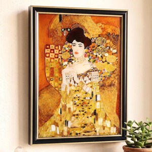 Cuadro sobre vidrio inspirado en Klimt, retrato de Adele para pared, decoración Art Nouveau, obra de arte pintada a mano en oro y negro, arte enmarcado.