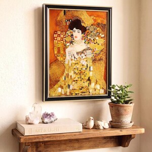 Op Klimt geïnspireerde glasschilderij, Adele portret muurdecoratie, Art Nouveau decoratie, handgeschilderd kunstwerk in goud en zwart, ingelijst kunstwerk