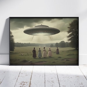 moody Victorian Landscape Funny Altered Art Print, UFO Poster Print Wall Art, Eclectic Print, Alien Abduction Art Prints, Framed Canvas