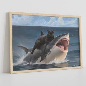 Funny Cat Riding Shark Art: Weird Renaissance Meme Poster - Etsy