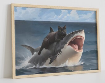 Funny Cat Riding Shark Art: Weird Renaissance Meme Poster
