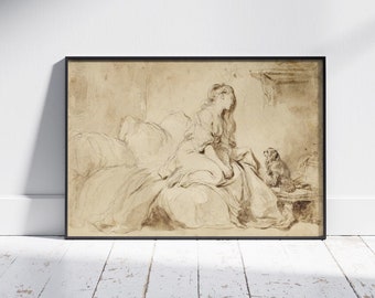 Vintage Sepia Etching: Woman and Dog, French Wall Art Print