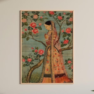 Mughal Inspired Indian Woman Painting: South Asian Floral Wall Art