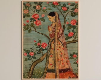 Mughal Inspired Indian Woman Painting: South Asian Floral Wall Art