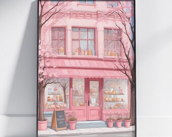 Cozy Cafe Art Print: Cherry Blossom, Pink Coffee Shop Wall Decor