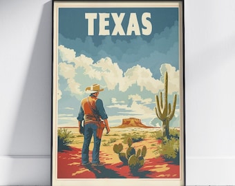 Retro Texas Travel Poster: Western Cowboy Art Print