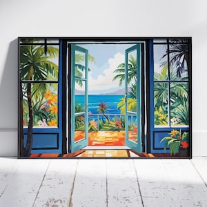 May include: A painting of a tropical scene viewed through an open doorway. The doorway is framed in black and has blue trim. The scene outside shows a blue ocean, palm trees, and lush greenery.