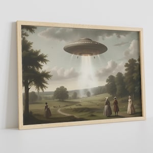 moody Victorian Landscape Funny Altered Art Print, UFO Poster Print Wall Art, Eclectic Print, Alien Abduction Art Prints, Framed Canvas