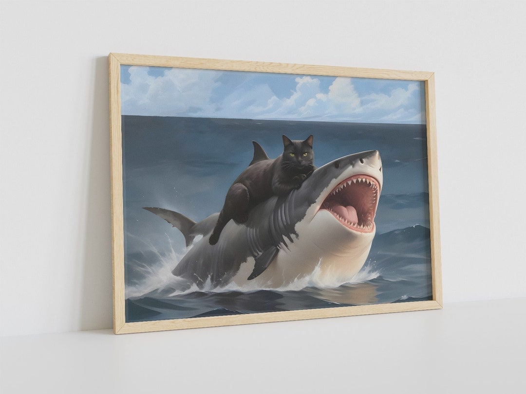 Funny Cat Riding Shark Art: Weird Renaissance Meme Poster - Etsy
