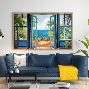 May include: A framed painting of an open door with a view of a tropical beach scene. The painting is hanging on a white wall above a blue sofa with a yellow throw blanket.