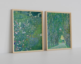 May include: Two framed paintings, one depicting a field of flowers in shades of green, white, and pink, and the other showing a path lined with trees in shades of green and blue.