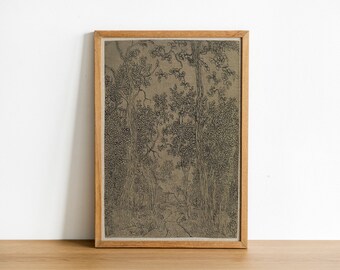 Vintage Landscape Sketch Print: Antique Textile Art on Cotton Canvas