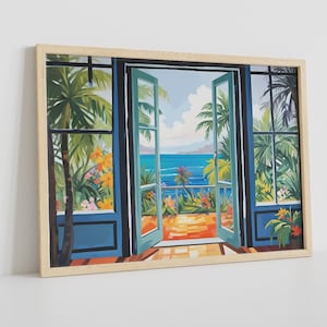 May include: A framed painting depicting a view of a tropical ocean through an open doorway. The painting features lush green foliage, blue water, and a bright blue sky.