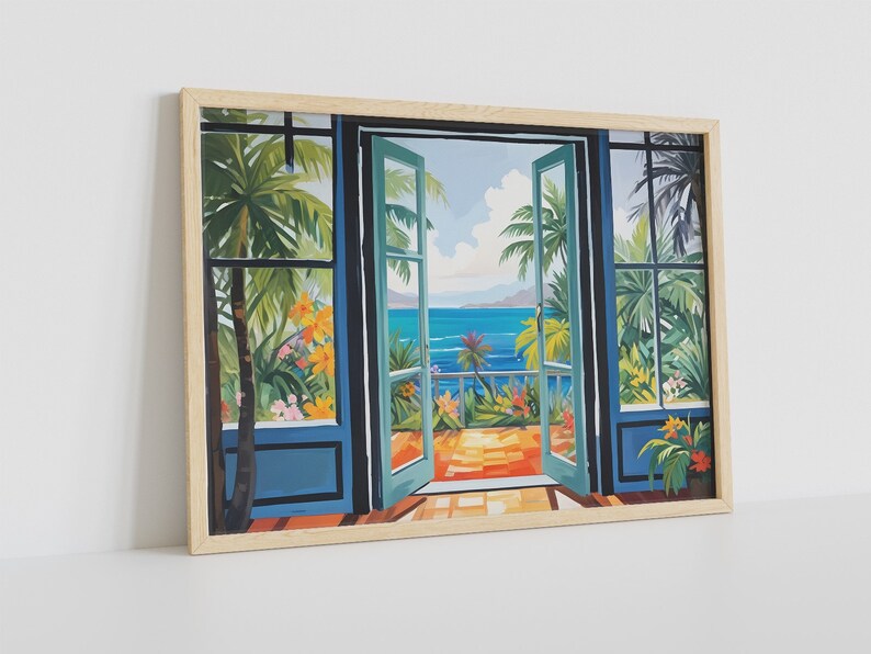 May include: A framed painting depicting a view of a tropical ocean through an open doorway. The painting features lush green foliage, blue water, and a bright blue sky.