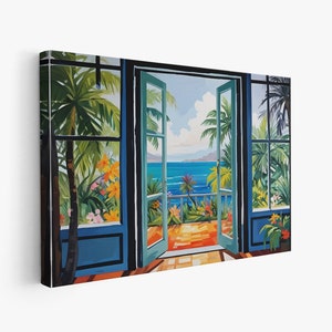 May include: A painting of a tropical scene viewed through an open doorway. The doorway is painted in a light blue color with a green door. The scene outside the doorway shows a blue ocean with palm trees and a lush green tropical garden.