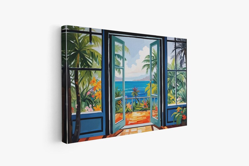 May include: A painting of a tropical scene viewed through an open doorway. The doorway is painted in a light blue color with a green door. The scene outside the doorway shows a blue ocean with palm trees and a lush green tropical garden.