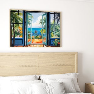 May include: A framed painting of an open window with a view of a tropical beach. The window is painted in a blue and green color scheme, with palm trees and a blue ocean visible through the open doors.