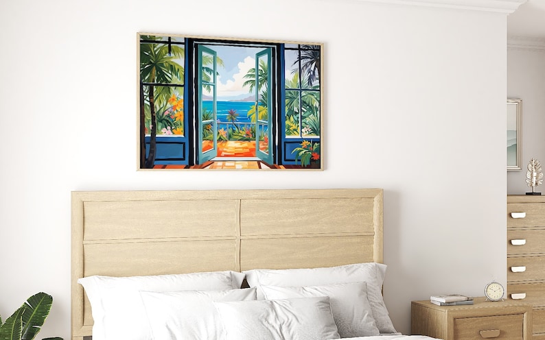 May include: A framed painting of an open window with a view of a tropical beach. The window is painted in a blue and green color scheme, with palm trees and a blue ocean visible through the open doors.