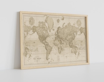 Vintage World Map Print: 1898 Atlas, Sepia Tone