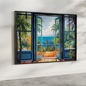 May include: A painting of an open doorway with a view of a tropical beach. The doorway is framed in black and has blue trim. The beach is blue and green with palm trees and a blue sky.