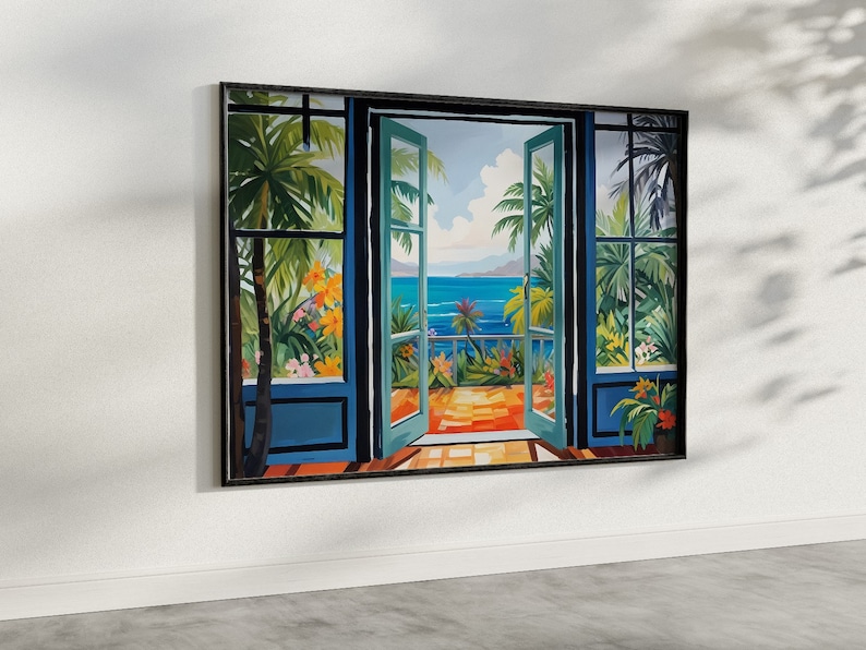 May include: A painting of an open doorway with a view of a tropical beach. The doorway is framed in black and has blue trim. The beach is blue and green with palm trees and a blue sky.