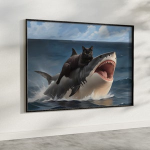 Funny Cat Riding Shark Art: Weird Renaissance Meme Poster - Etsy