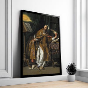 May include: A painting of a man in a robe, sitting in a chair and holding a book. He is surrounded by books and other objects. The painting is in a dark, ornate frame.
