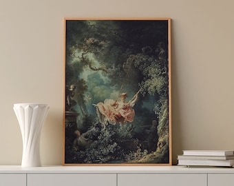 May include: A framed painting depicting a woman swinging on a rope swing in a lush forest setting. The woman is wearing a pink dress and a white hat. The painting is set against a backdrop of green trees and a blue sky.