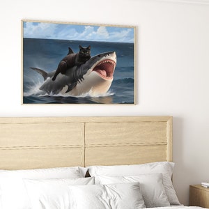 Funny Cat Riding Shark Art: Weird Renaissance Meme Poster - Etsy