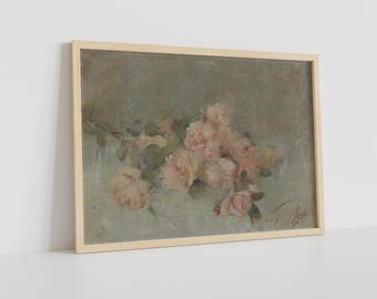 Vintage Pink Roses Oil Painting Reproduction: Textured Floral Wall Art