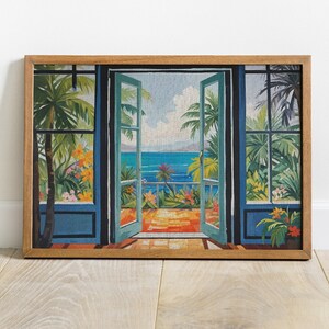 May include: A framed painting depicting a view of the ocean through open French doors. The doors are painted blue and green, and the ocean is a vibrant blue. The scene is framed by lush tropical plants and palm trees.