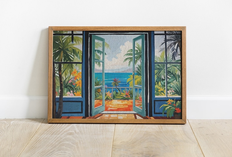 May include: A framed painting depicting a view of the ocean through open French doors. The doors are painted blue and green, and the ocean is a vibrant blue. The scene is framed by lush tropical plants and palm trees.