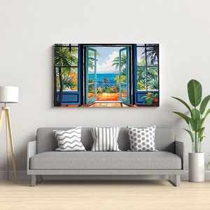 May include: A painting of an open doorway with a view of a tropical beach scene. The doorway is painted in a blue and white color scheme, and the beach scene is painted in bright colors. The painting is framed and hanging on a wall.