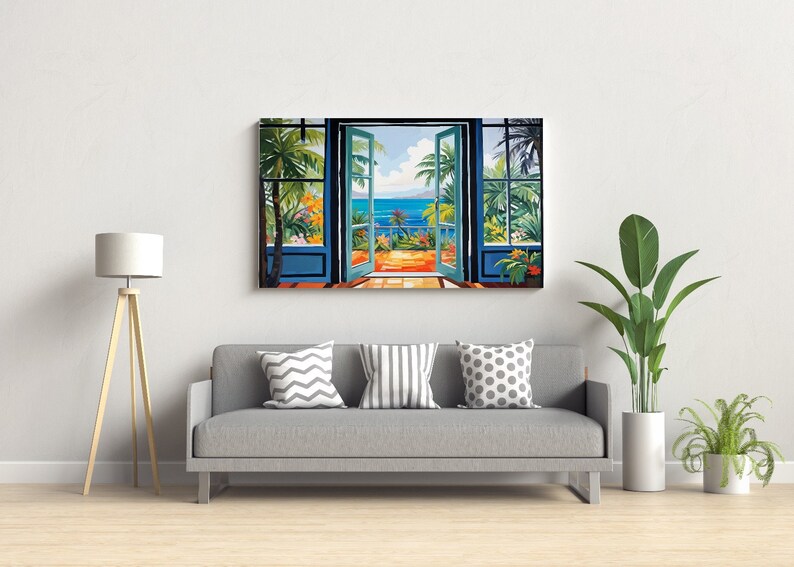 May include: A painting of an open doorway with a view of a tropical beach scene. The doorway is painted in a blue and white color scheme, and the beach scene is painted in bright colors. The painting is framed and hanging on a wall.