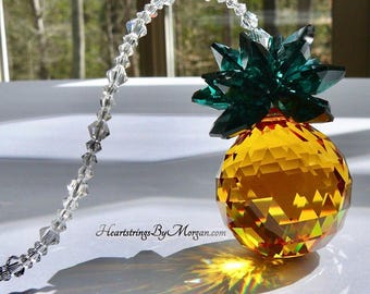 Crystal Pineapple Suncatcher, Made w/ Swarovski Crystal, 30mm Topaz Swarovski Crystal Ball and Emerald Crystals, Light Catcher - "VIRGINIA"