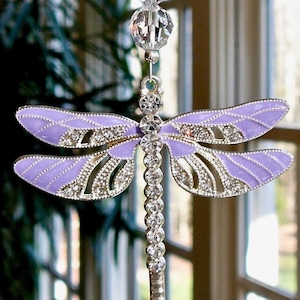 Lavender Dragonfly with Rhinestones and Swarovski Crystal Beads, For Home Window or Rearview Mirror Car Ornament - &quot;LIBELLE