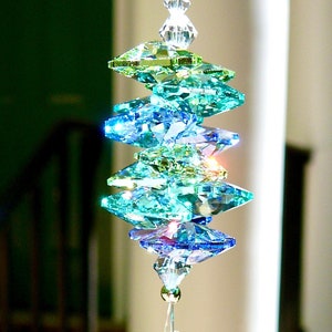 Suncatcher with 50mm (2") Swarovski Diamond Twist Pendant and Ocean Colored Swarovski Octagons, Prism For Home Window - "RODANTHE"