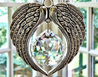 BEST SELLER - Handmade Angel Wings Swarovski Crystal and Pewter Wings Suncatcher, Large 30mm Swarovski Ball, Prism,  Rainbow Maker