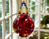 Red Crystal Sun Catcher, 30mm Swarovski Crystal Ball, Prism, with Swarovski Crystal Chakra Strand, Yoga Decor - quot PRANA quot in 8 Colors