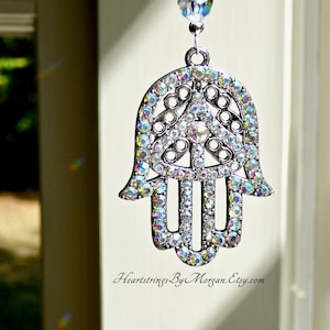 Hamsa Hand Crystal Suncatcher, Hand of Fatima, with Swarovski Crystal Beads, Car Ornament for Rear View Mirror, Car Bling &quot;HAMSA HANDS&quot; &quot;