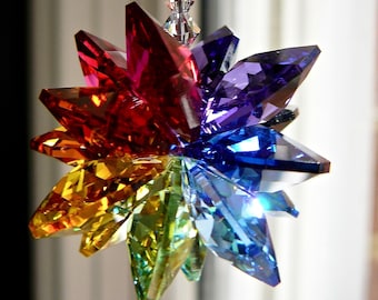 Regenbogen Swarovski Kristall Suncatcher Prisma, Made mit Swarovski Kristallen in Chakra Regenbogen Farben für Auto oder Haus, 2 Längen - "ALEXANDRA"