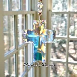 Crystal Cross Rainbow Maker for Car or Home, 1.5" Swarovski Cross on Gold Ball Chain, Choose AB or Clear