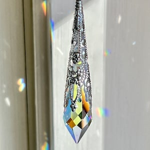 Pendulum Suncatcher, 40mm (1.6") Car Charm, Crystal Prism Encased in a Silver Plated Filigree Cone, 11 Colors  "LITTLE AVALON"